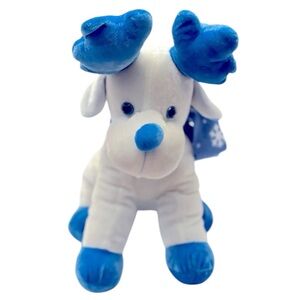 Cute White Stuffed Reindeer with Blue Feet, Antlers, Nose, Eyes, Ears and Scarf.